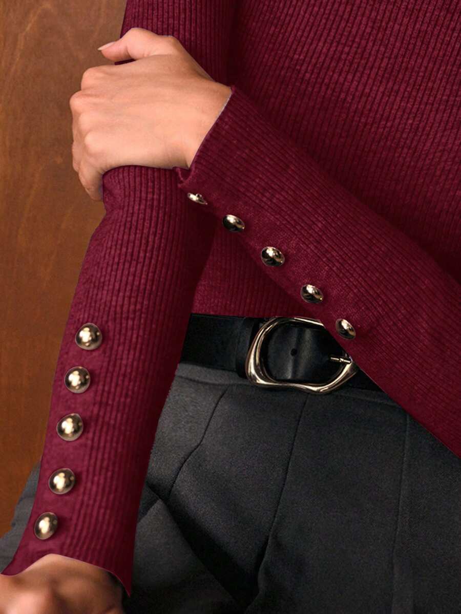 MOTF PREMIUM SIMPLE METAL BUTTON DECOR BASE LAYER SWEATER - Burgundy - View 2