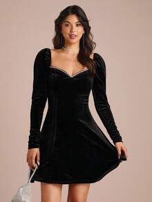 Enchnt Women's Black Velvet Rhinestone Decor Sweetheart Neck Mini Princess Dress,Elegant Night Out Outfit,Black And Silver Autumn Fall/Winter Party Dress - Black - View 1