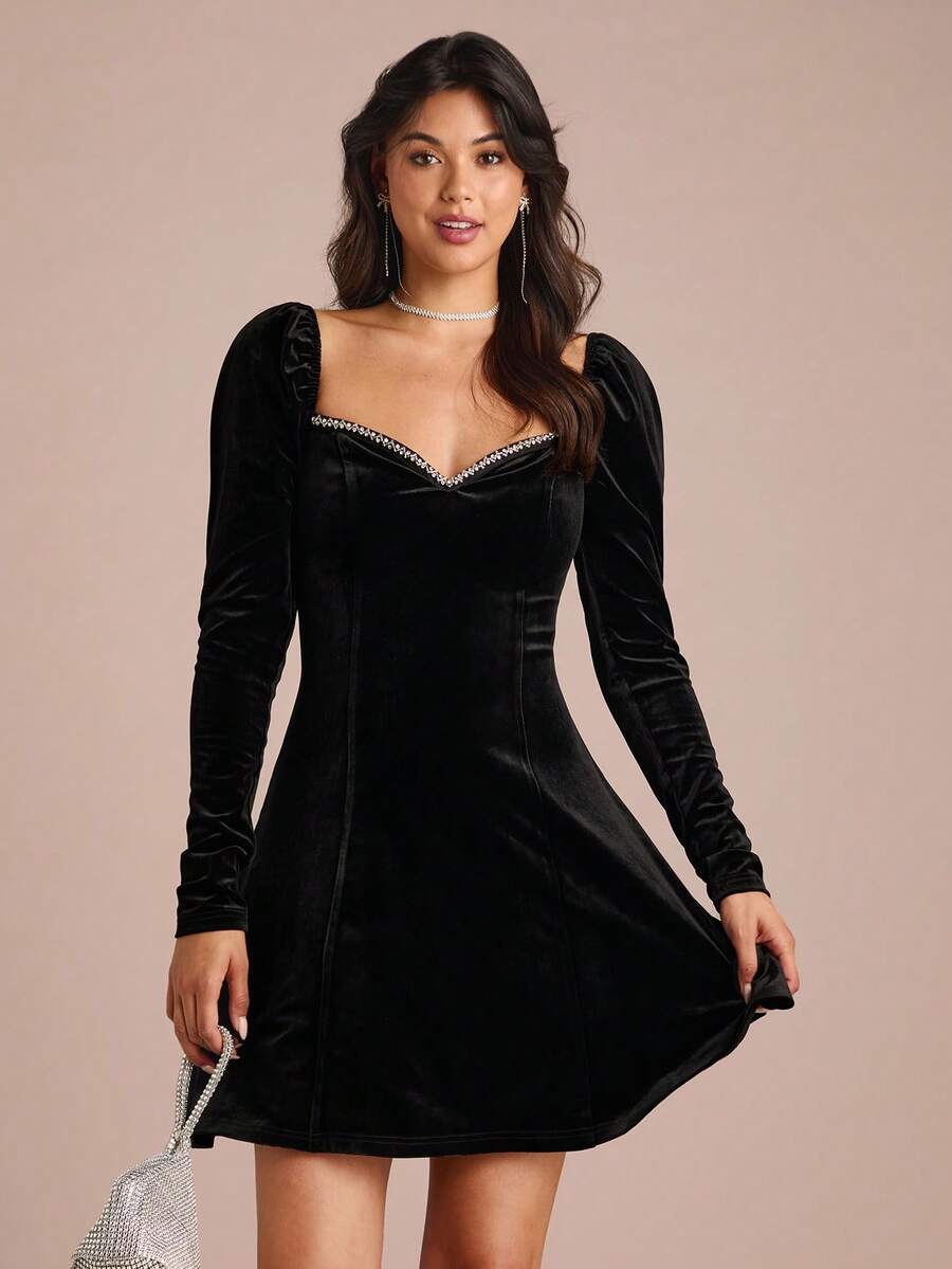 Enchnt Women's Black Velvet Rhinestone Decor Sweetheart Neck Mini Princess Dress,Elegant Night Out Outfit,Black And Silver Autumn Fall/Winter Party Dress - Black - View 1
