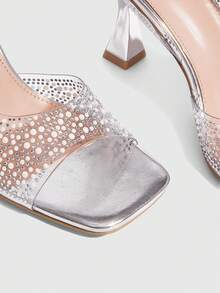 CUCCOO SZL Women's Fashion Charming Glass Rhinestone Decor Chunky Heel Sandals, Pearl Rose Gold Color, TPU Transparent Material, Square Toe Comfortable Casual, Suitable For Party, Wedding, Gathering, Spring/Summer/Autumn For Christmas - Silver - View 8