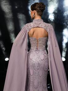 Glamrae 优雅奢华串珠亮片雪纺喇叭袖美人鱼长裙，适合婚礼、派对、度假、舞会、晚礼服 - 灰色 - 查看 9