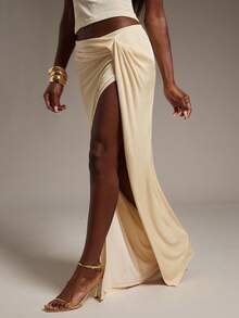 Hauture Sexy High Slit Maxi Skirt – Slinky Jersey Fold Over Skirt For Night Out, Party & Going Out - Apricot - View 2