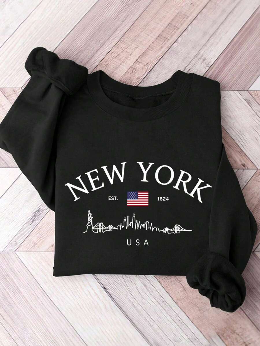 INAWLY New York Flag 1624 Print Crew Neck Sweatshirt For Women, Christmas