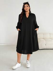 Shapeblank 大码女装苹果型身材秋冬时尚休闲宽松舒适清凉日常黑色V领长袖中长连衣裙，保守连衣裙，女式教堂服装，老钱风格，女式端庄服装，黑色连衣裙，冬季服装，机场服装，女士休闲衬衫，女士冬装，女士冬装 - 黑色 - 查看 2