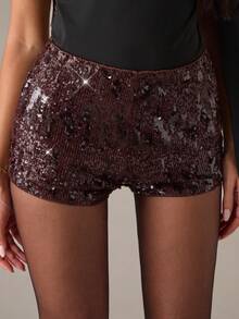 SHEIN BAE Pantaloncini da donna con paillettes di colore unito, adatti per occasioni di festa