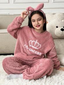 SHEIN 青少年女孩宽松休闲落肩蓬松厚圆领套头衫和慢跑裤家居服套装 - 粉色 - 查看 4