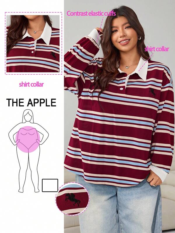 Solflare Plus Size Loose Striped Long Sleeve Casual Sweatshirt, Back To School Sports Wear, Autumn/Winter