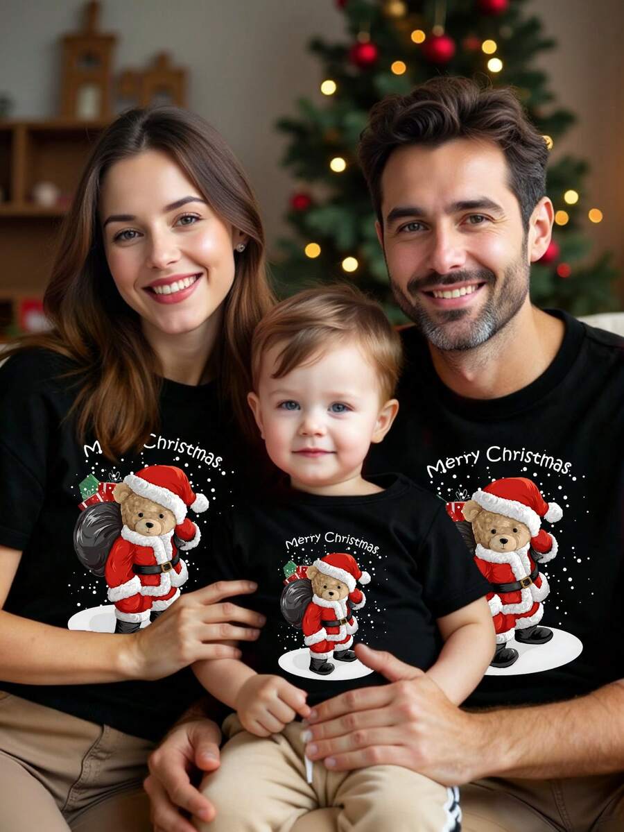 SHEIN Merry Christmas Toddler Boys' Fashionable Cartoon Santa Claus & Teddy Bear Graphic Letter Slogan Print Comfortable Basic Short Sleeve T-Shirt, Suitable For Christmas Party And All Seasons - Black - View 1