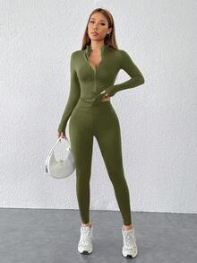 SHEIN PETITE 黑色两件套运动服拉链夹克和紧身裤 - 軍綠色 - 查看 6