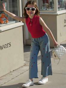 Elladie kids Girls' Vintage Polo Collar Fitted Wine Red Tank Top & Elastic Waist Loose Long Floral Embroidery Denim Pants Set, Casual & Fashion Holiday  Travel  Summer  Relax Summer Holiday - Burgundy - View 2