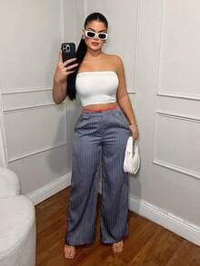 SHEIN SXY Pantalon ample à taille haute et jambes larges rayé pour femmes, pantalon à la mode pour femmes, élégant, décontracté chic, pour femmes, enseignantes - Multicolore - Voir 4