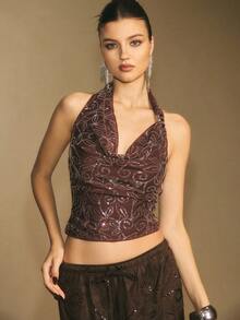 Poéselle Áo hở lưng gợi cảm đính sequin thời trang dành cho nữ, Áo sequin màu nâu dành cho nữ, Thích hợp cho tiệc năm mới, Giáng sinh, dự tiệc, Phù hợp cho mặc hàng ngày, đi chơi, đi làm, mùa thu/đông. - màu nâu - Xem 5