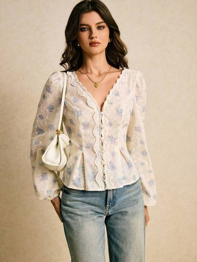 Poéselle 女式刺绣V领长袖单排扣时尚衬衫