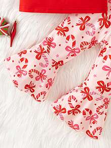 SHEIN Playful Pals 夏季时尚女宝宝，甜美优雅的蝴蝶结樱桃图案圆领短袖上衣搭配可爱的豹纹喇叭裤，日常穿着，外出必备单品 - 彩色 - 查看 5