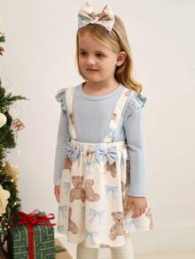 SHEIN Baby Girl Bear & Bow Print Patchwork 2 In 1 Dress - Blue - View 4