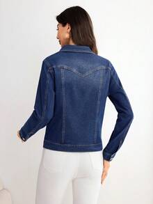 Elenzga Casual Loose Long Sleeve Front Button Women Denim Jackets - Dark Wash - View 2