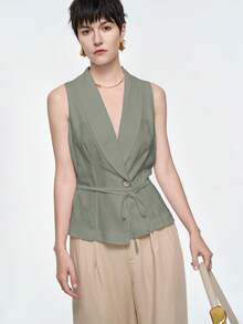 Aalyst Blusa sin mangas con cuello y cinturón de amarre, adecuada para el trabajo y el uso diario, primavera/verano - Verde - Ver 3