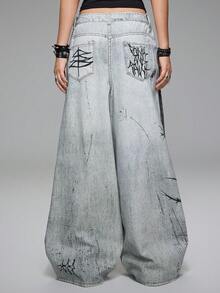 ROMWE Grunge Punk Plus Size Women's Dark Punk Cross Skull Angel Spider Slogan All-Over Print Wide Leg Jeans