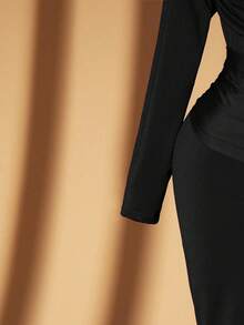 Rometta Plus Size Women's Solid Color Ruffled Neck Long Sleeve Pleated Waist High-End Party Elegant Dress - Black - View 7