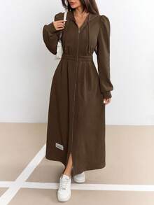 Modelyn Women's Solid Color Hooded Raglan Sleeve Zip-Up Pleated Long Dress - Coffee Brown - View 2