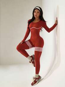 Dewbera 圆领条纹印花紧身长袖连体裤 - 紅色 - 查看 5