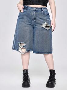 ROMWE Grunge Punk 大码复古十字刺绣七分牛仔裤 - 藍色 - 查看 2