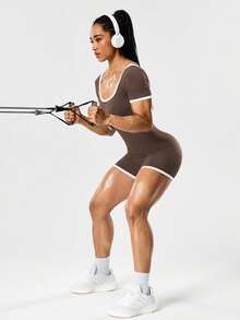 Seamluxe SHEIN Sport 女式无缝短袖运动连体裤，色块 - 棕色 - 查看 6