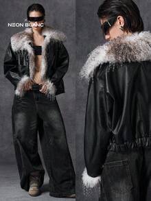 LYSMO 女士时尚毛绒拼布夹克，秋冬 - 黑色 - 查看 8