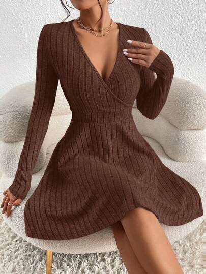 SHEIN Frenchy Women's Casual Solid Color Ribbed V-Neck Long Sleeve Dress Winter Brown