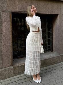 Pariaura French Round Neck Long Sleeve Split Solid Textured Elegant Ladies Top, Casual High-End Outfit, Party Dress Top Elastic Waist Solid Textured Fashion Wedding Evening Party Elegant Long Dress, 2 Pieces Set - Apricot - View 3