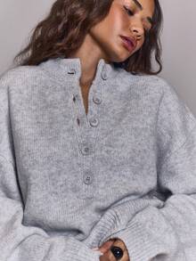 MUSERA Oversized Button Front High Neck Knit Jumper Only Winter Going Out Everyday Night Out Casual Cool Streetwear Washed Evening Party Elegant Spring Sweater Spring Summer Vacation - Grey - View 2