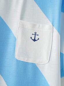 Joliand Joliand 1 件青少年男孩优雅都市清新蓝白条纹英文图案撞色口袋宽松圆领 T 恤，适合外出、聚会、海滩、夏季 - 彩色 - 查看 3