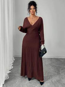 Elenzga Luxurious Ceiling, Deep Brown Off-Shoulder Knit Dress, Elegant Yet Sexy, Autumn/Winter - Coffee Brown - View 6