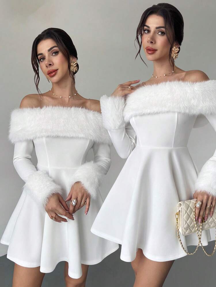 Firerie Women's Elegant Fur Collar Splicing Off-The-Shoulder Mini Dress, White Dress, Festival Dress/Umbrella Skirt/Elegant Dresses For Party/Thanksgiving Outfits For Women/ New Year Dress/Winter Dresses For Women/Fall Clothes/White Dress New Year/Party Dress/Cozy Fall And Winter Clothes For Women/Christmas Dress,Dresses For Women Elegant - White - View 1