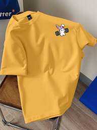 Claim Dot Yellow Cartoon Fitness Rabbit Print Short Sleeve T-Shirt, Unisex Round Neck Casual Sports Tee