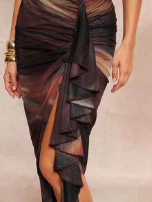 Silquee Women's 70s Color-Gradient Ruffled Slit Halter-Neck Pleated Tulle Maxi Dress,All Shades Of Brown,Summer,Holiday,Party,Elegant Cocktail Wedding Gown - Multicolor - View 6