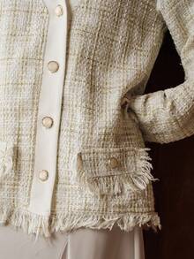 Uhlyne Chaqueta vintage de punto texturizado con cuello en V y flecos, de colores mixtos, para otoño/invierno