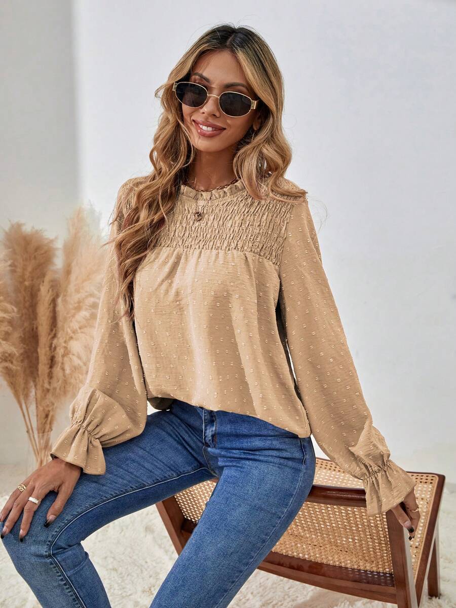 EMERY ROSE Áo kiểu nữ màu trơn cổ tròn, vai thường, tay dài, dáng rộng, thoải mái. - Màu be - Xem 1