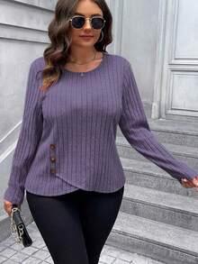 SHEIN LUNE Kaos Lengan Panjang Polos Bertekstur Kasual untuk Wanita Ukuran Besar - Purple - View 5