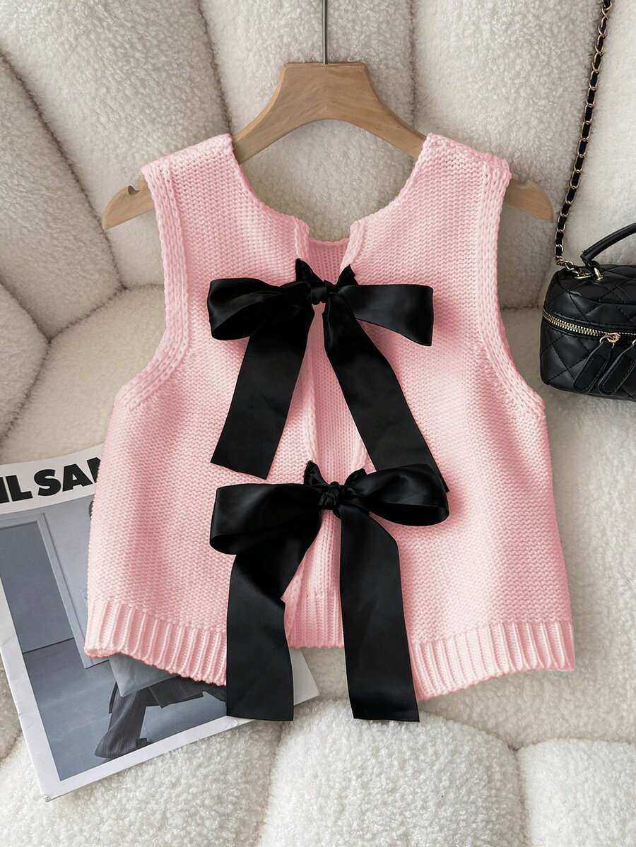Elamini Women's Round Neck Sleeveless Bow Decor Casual Knit Sweater Vest - Baby Pink - View 1