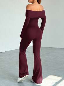 SHEIN EZwear 女式露肩长袖休闲喇叭连体裤，酒红色，秋冬 - 酒紅色 - 查看 2