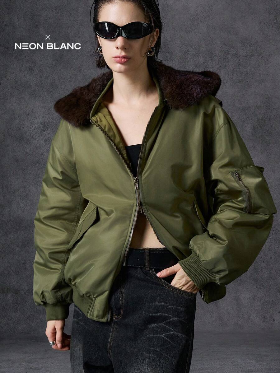 LYSMO X NEON BLANC Collab 2025 New Arrival Minimalist Fall/Winter Women's Fashionable Fur Collar Hooded Jacket, Autumn/Winter Bomber Jacket Women Women Jackets Outerwear Women Crop Jackets For Women Jacket Y2k,Christmas - Army Green - View 1
