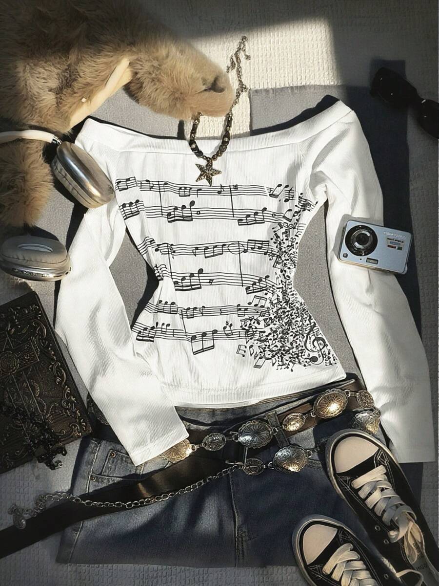 SHEIN 女式复古露肩长袖上衣和音符印花修身 T 恤，时尚，复古 Y2k，纹理面料，姐妹礼物，返校服装，节日礼物 - 彩色 - 查看 1