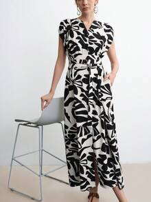 Aalyst 女士优雅法式时尚奢华极简主义高端休闲度假通勤舒适宽松竹亚麻印花无袖落肩收腰连衣裙，配有 D 形环腰带和口袋，春夏 - 黑色 - 查看 5