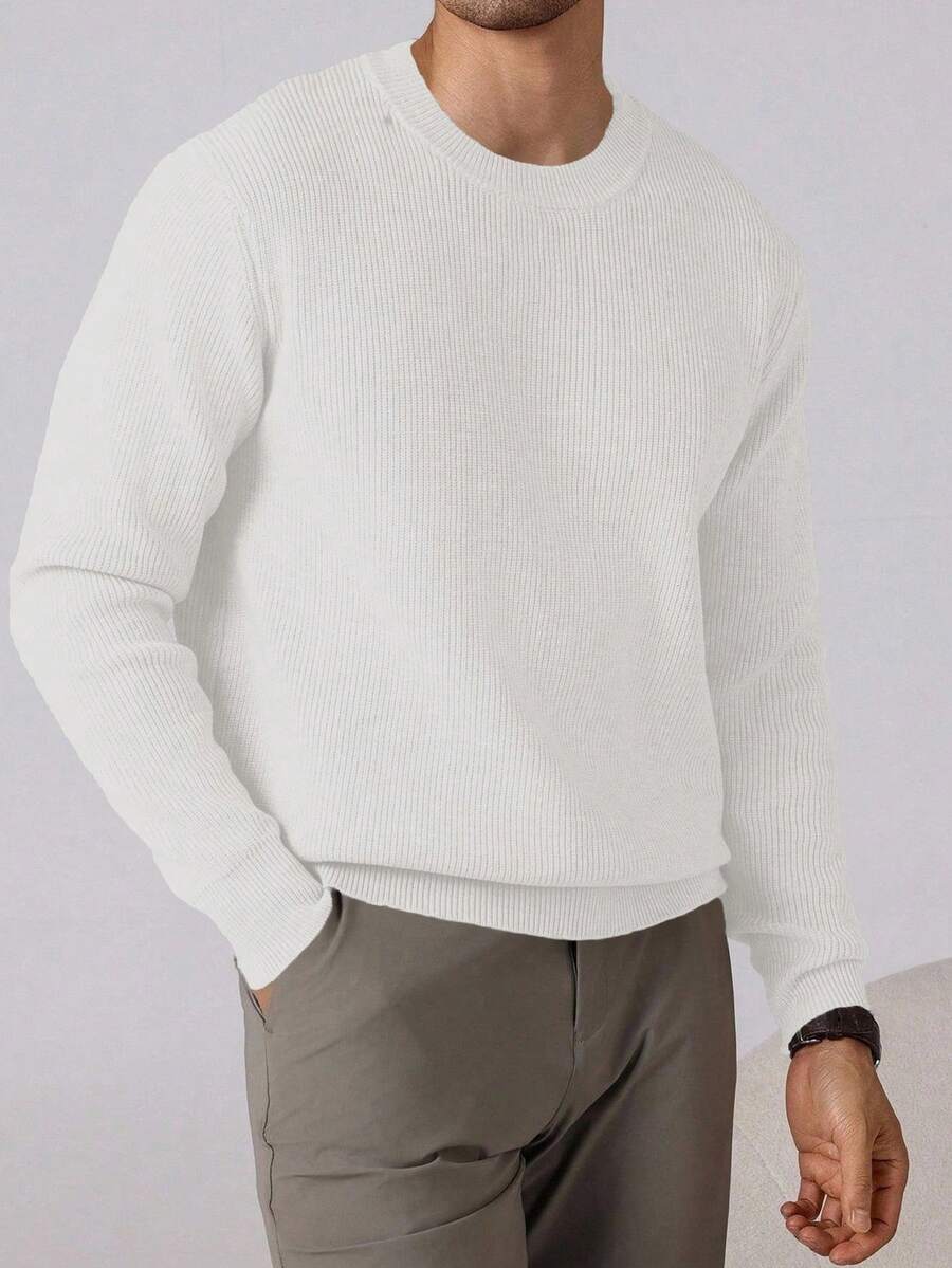 Manfinity Homme Men's Solid Color Crew Neck Raglan Sleeve Knit Casual Pullover Sweater Cream Men Crew Neck Men Sweater - Beige - View 1