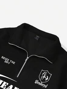 Attitoon Women's Casual Loose Letter Print Pullover, Half Zip , Suitable For Autumn And Winter - Black - View 6