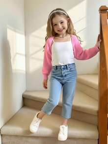 SHEIN Elladie kids 年轻女孩休闲假日短款提花针织插肩袖长袖开衫