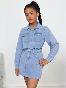 SHEIN Moda dla nastolatek, casualowa, vintage, fajna, uliczna, powrót do szkoły, college, wygodna i dopasowana, niebieska, dżinsowa, koszulowa, jednoczęściowa, mini spódniczka, ubrania dla nastolatek, codzienne ubrania i zimowe, jesienne stroje rave, festiwale i stroje, ubrania uliczne, niebieska, dżinsowa sukienka, dziecięca, dżinsowa sukienka, dziewczęca - Niebieski - Zobacz 4