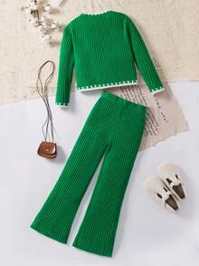 Tween Girls Green And White Contrast Trim Sweater & Pants Co-Ord Set - Green - View 2