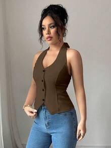 Elenzga Áo ôm dáng không tay cài cúc - màu nâu - Xem 6